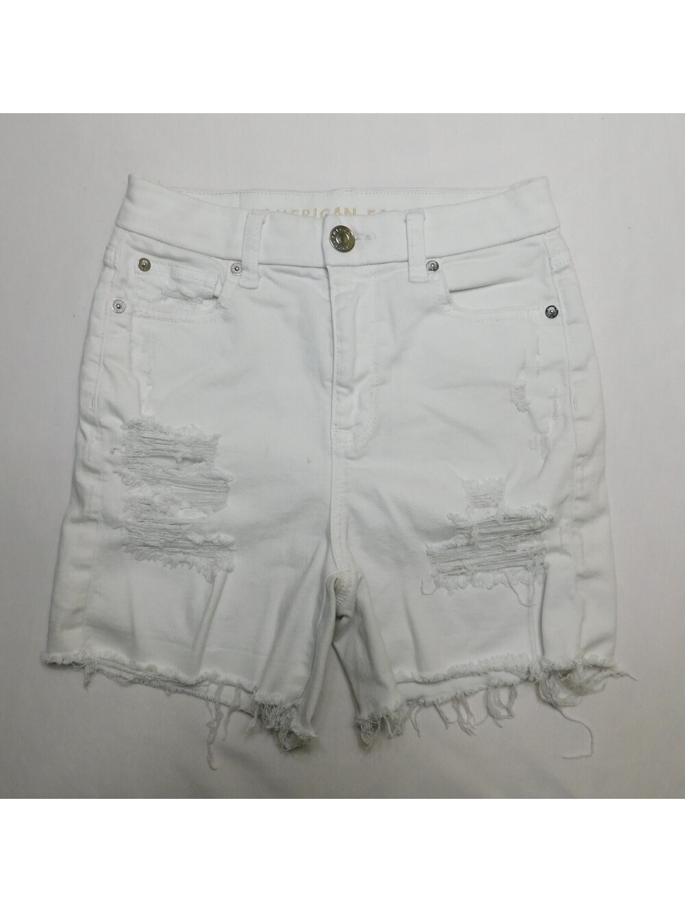 American Eagle Super Stretch White Denim Shorts Womens Size 0 Distressed Ripped